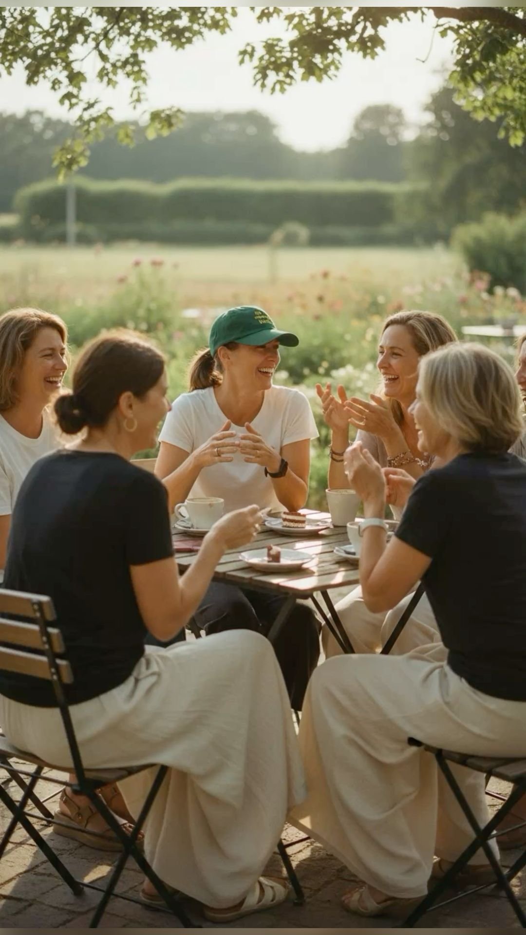 Gruppe lächelnder Frauen in der Lebensmitte beim Treffen